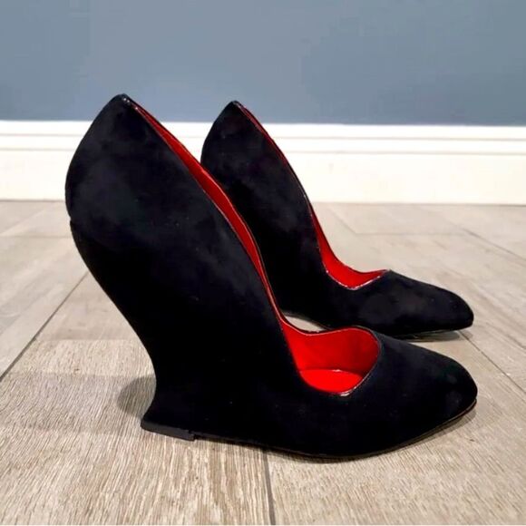 CHARLES JOURDAN Paris Eddie Black Suede Sculpted Wedge Heels 8 1/2 M - Picture 1 of 12